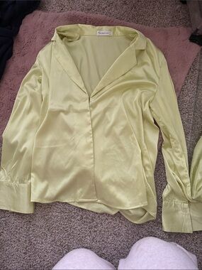 Lulumari Pale Lime Satin V-Neck Blouse with Soft Collar